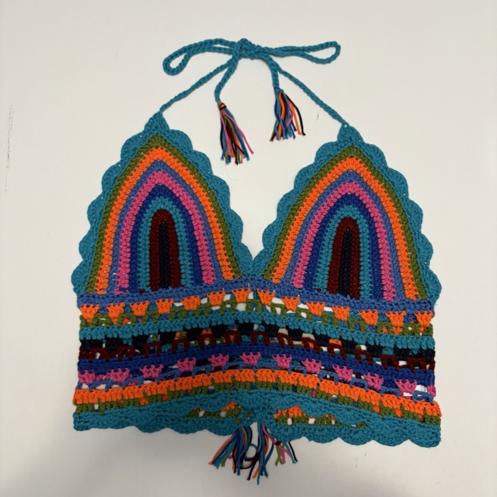 Whimsical Crochet Festival Crop Top M/L Boho Indie Rainbow Multicolor Hippie